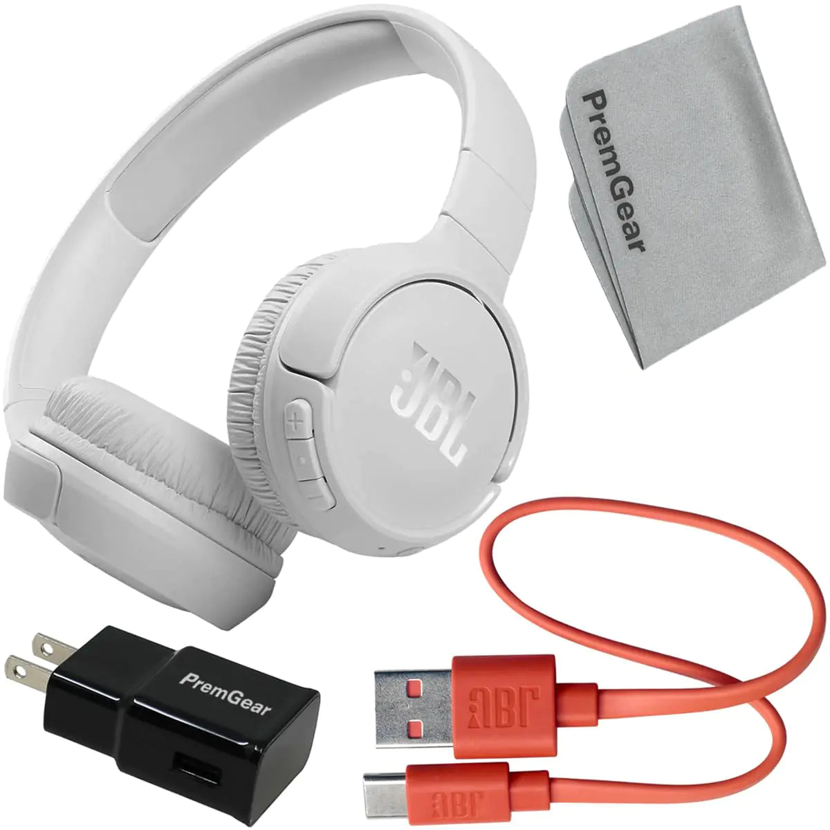 JBL Bags JBL Tune 510BT Wireless On-Ear Headphones (White) with Purebass Sound Charging Cable Wall Adapter and Cleaning Cloth