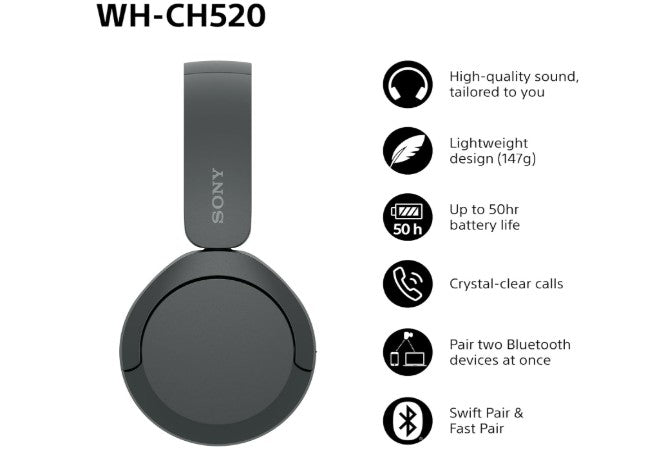 Sony WH-CH520 Wireless Bluetooth On-Ear Headphones,